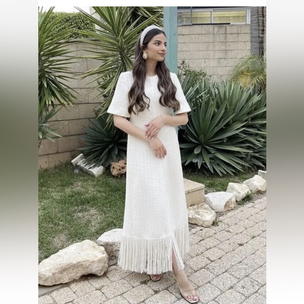 Zara L Maxi Off White Ivory Textured Weave Tweed Fringe Dress Blogger favorite - Picture 7 of 16